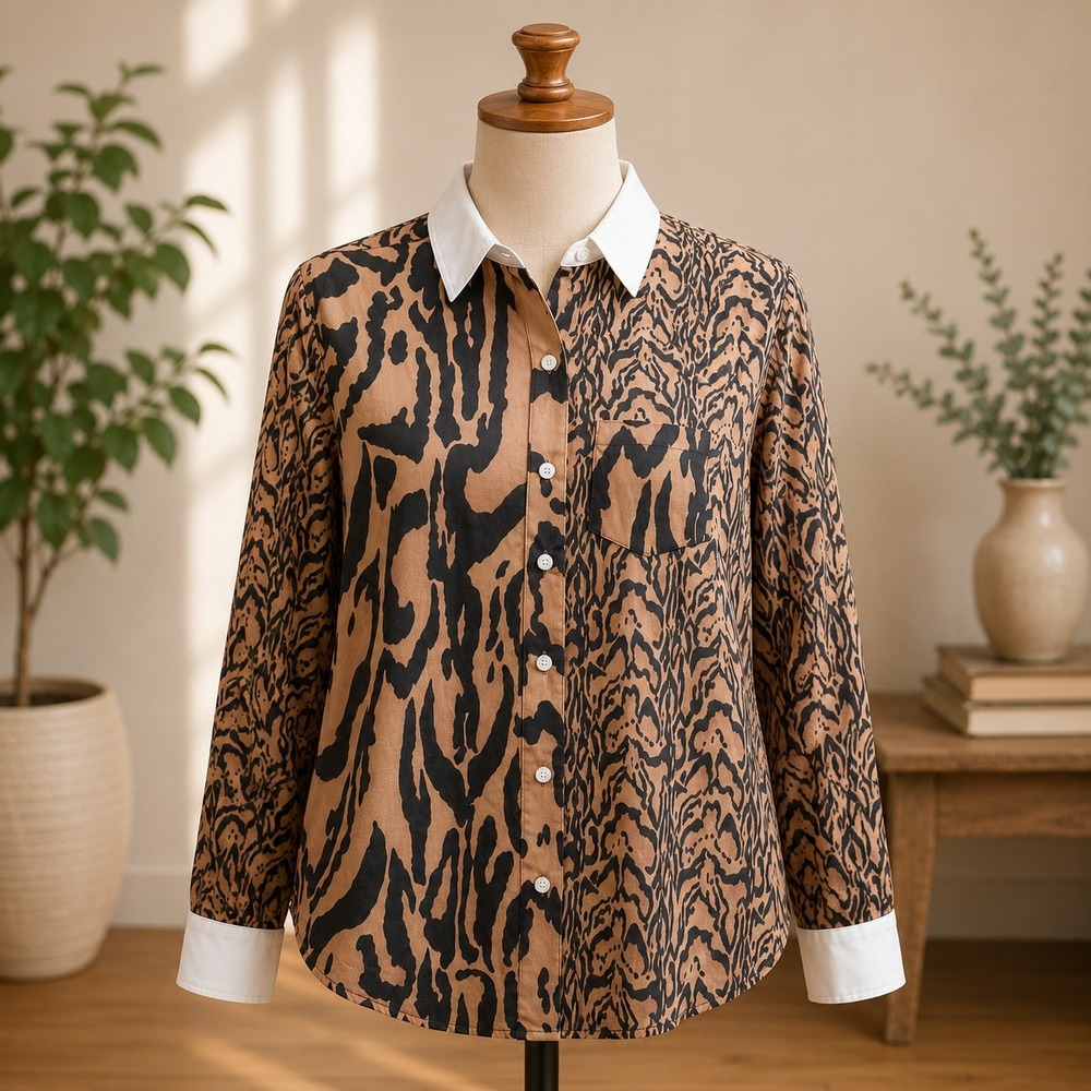 NWT by Stacy London Button Down Shirt Womens XL Brown Animal Print Mixed Pattern